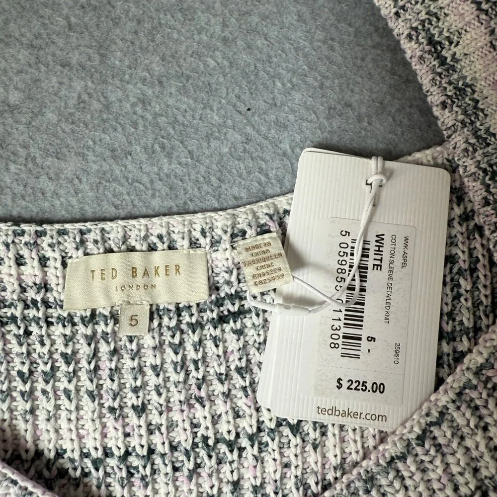 Ted Baker Aspel Puff Sleeve Marled Knit Sweater Tie Back Women Size 5‎ US 12 NWT
